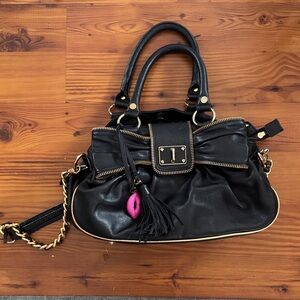 Vintage Betsy Johnson Black Leather Handbag with Gold Accents